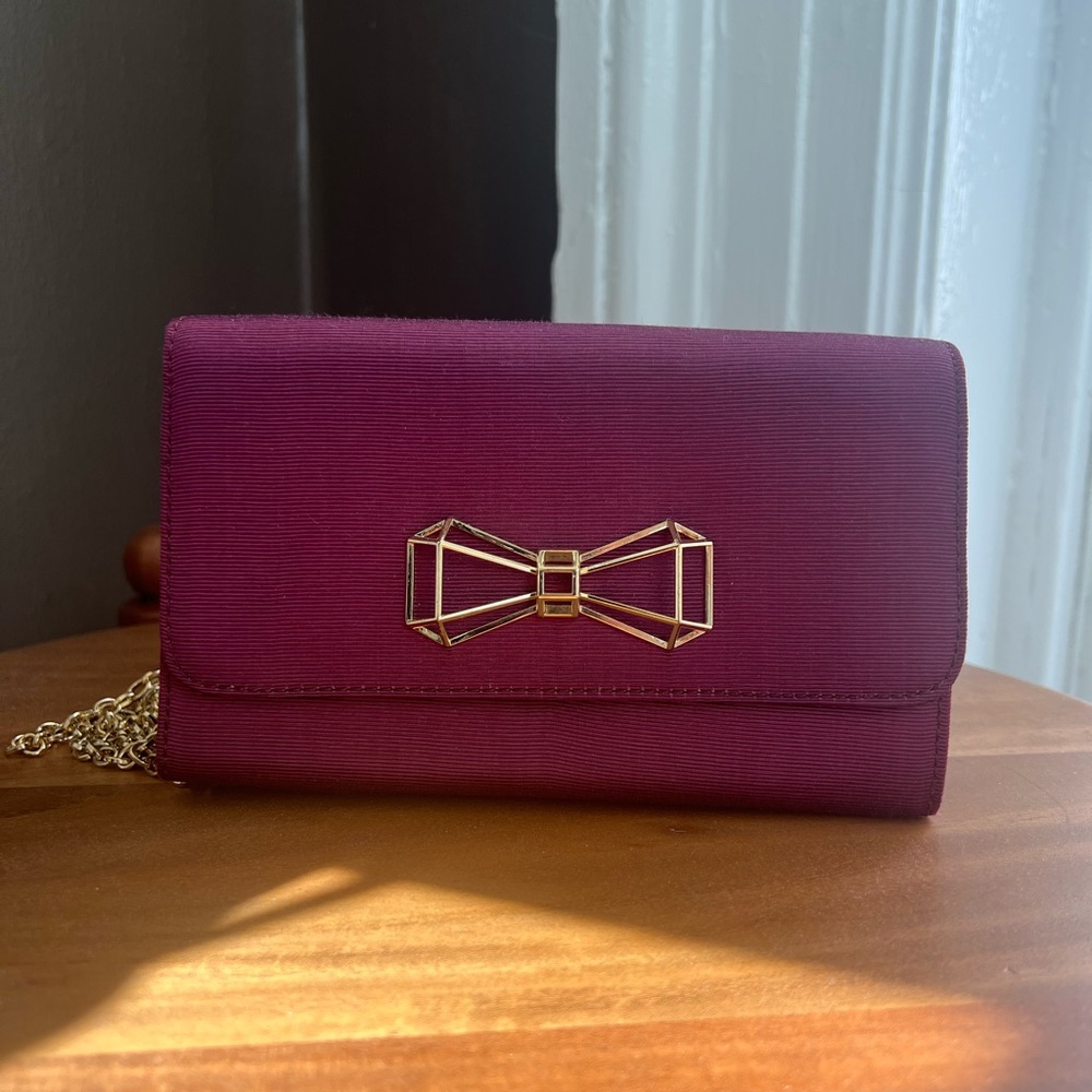 EUC Ted Baker | Oxblood Clutch with Gold Geometric Bow and Gold Chain Strap